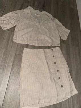 Striped Mini Button Skirt Set in Light Beige